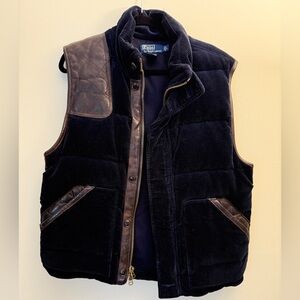 Polo by Ralph Lauren Navy Corduroy Vest with Brown Leather Trim